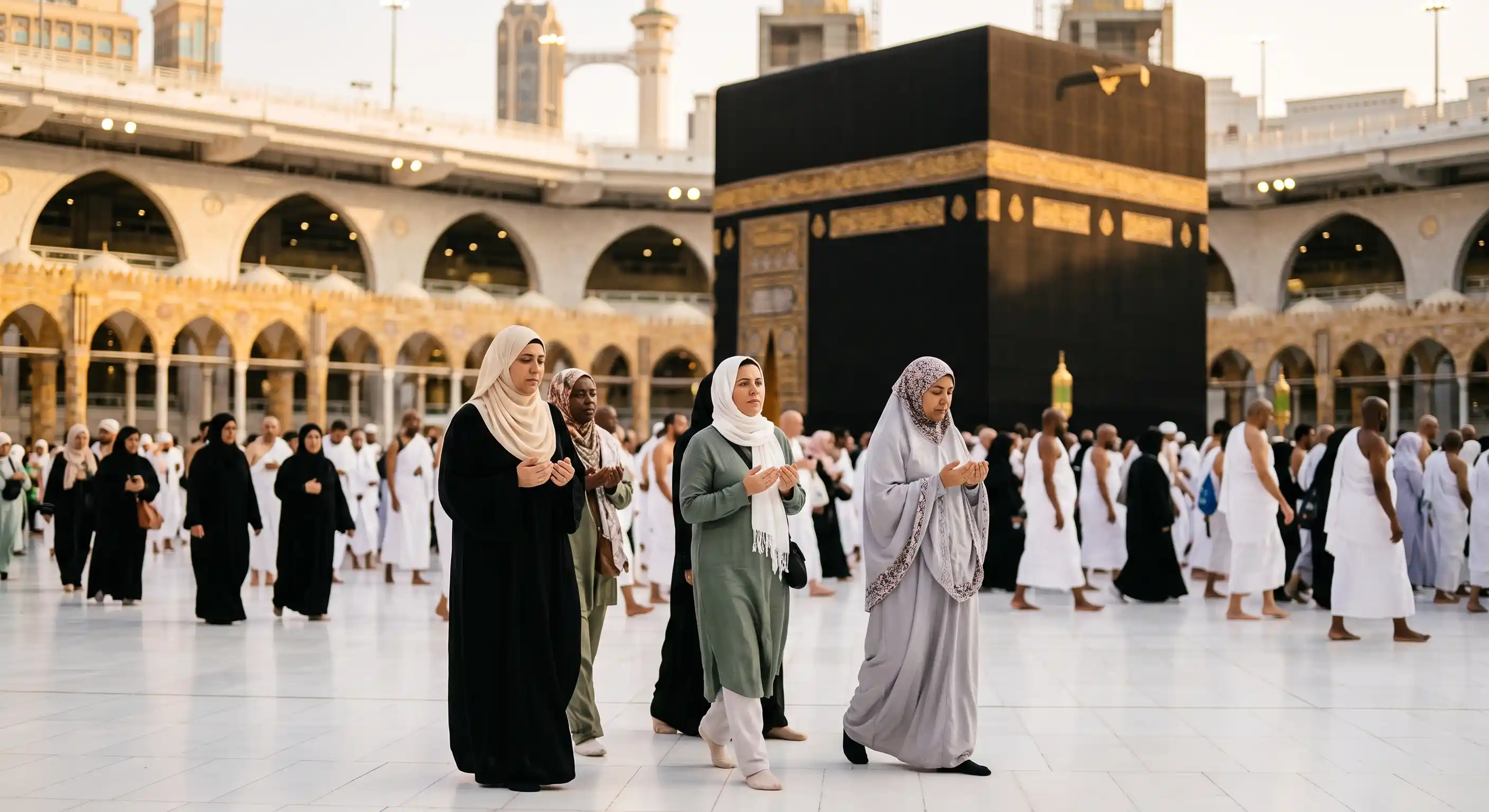 A woman pilgrim in modest clothing performing Umrah at Masjid al-Haram