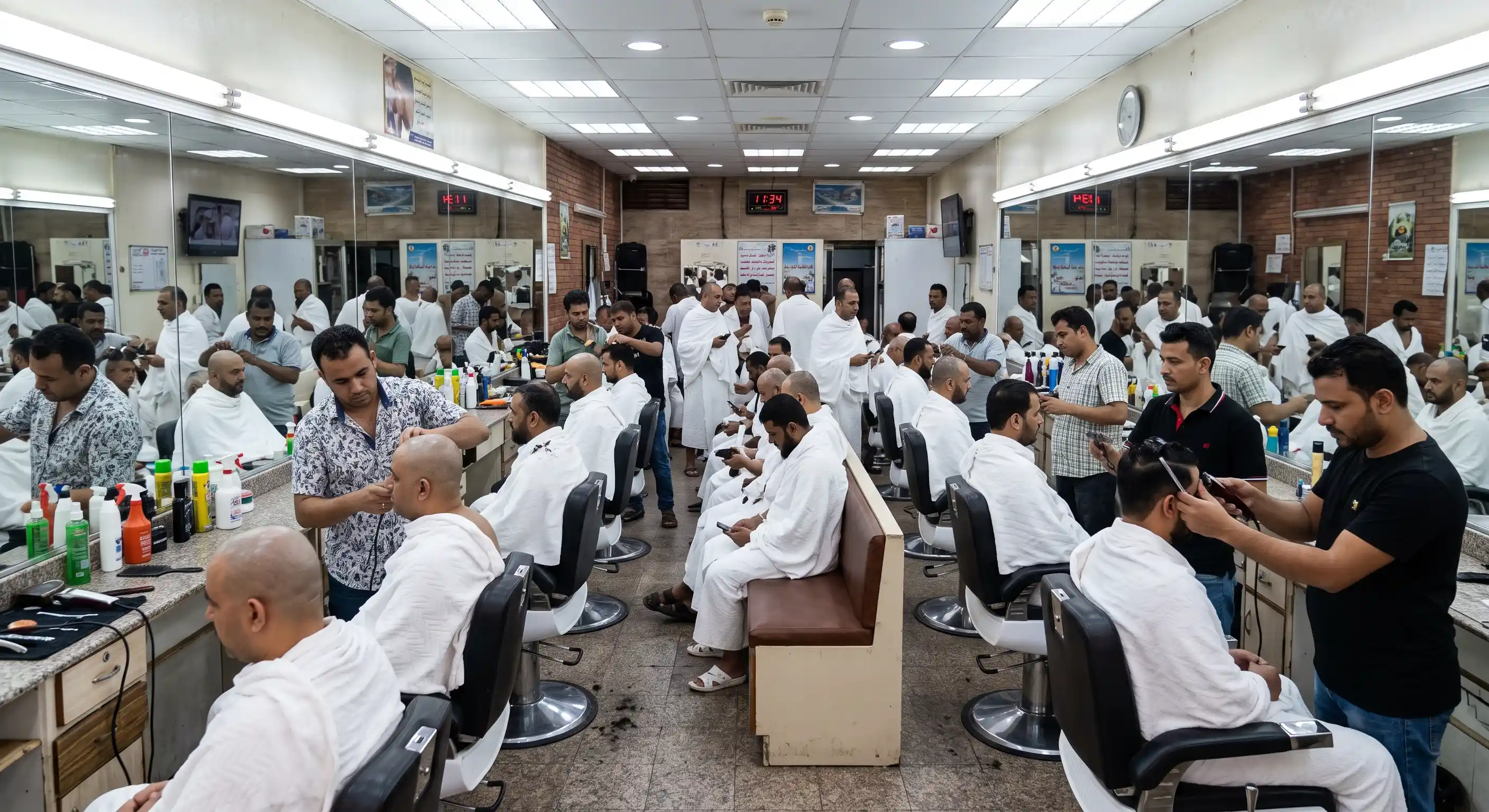 Pilgrim having his head shaved (halq) to exit ihram and complete Umrah