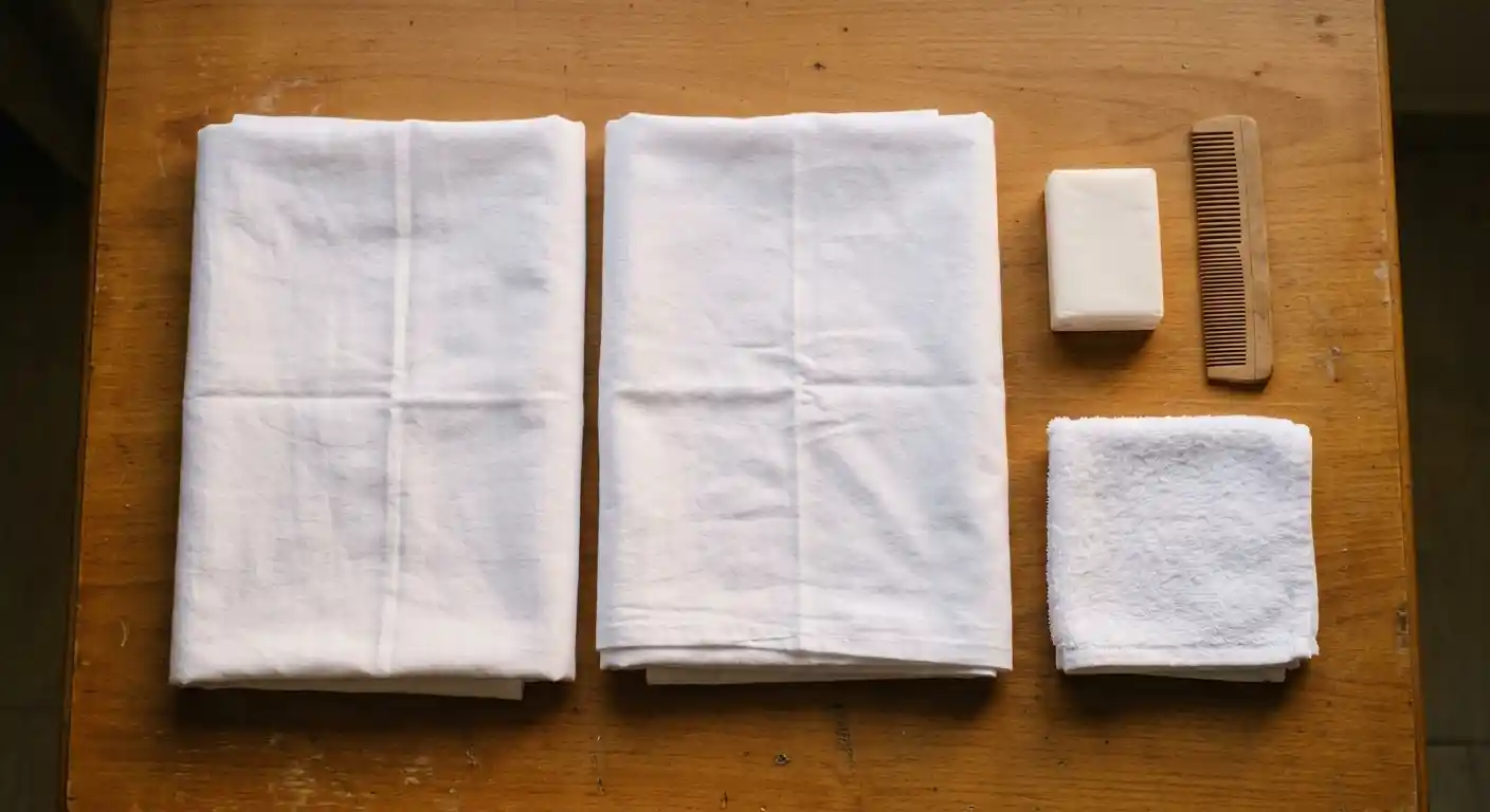 Pilgrim preparing for ihram — performing ghusl and wearing the two white ihram garments