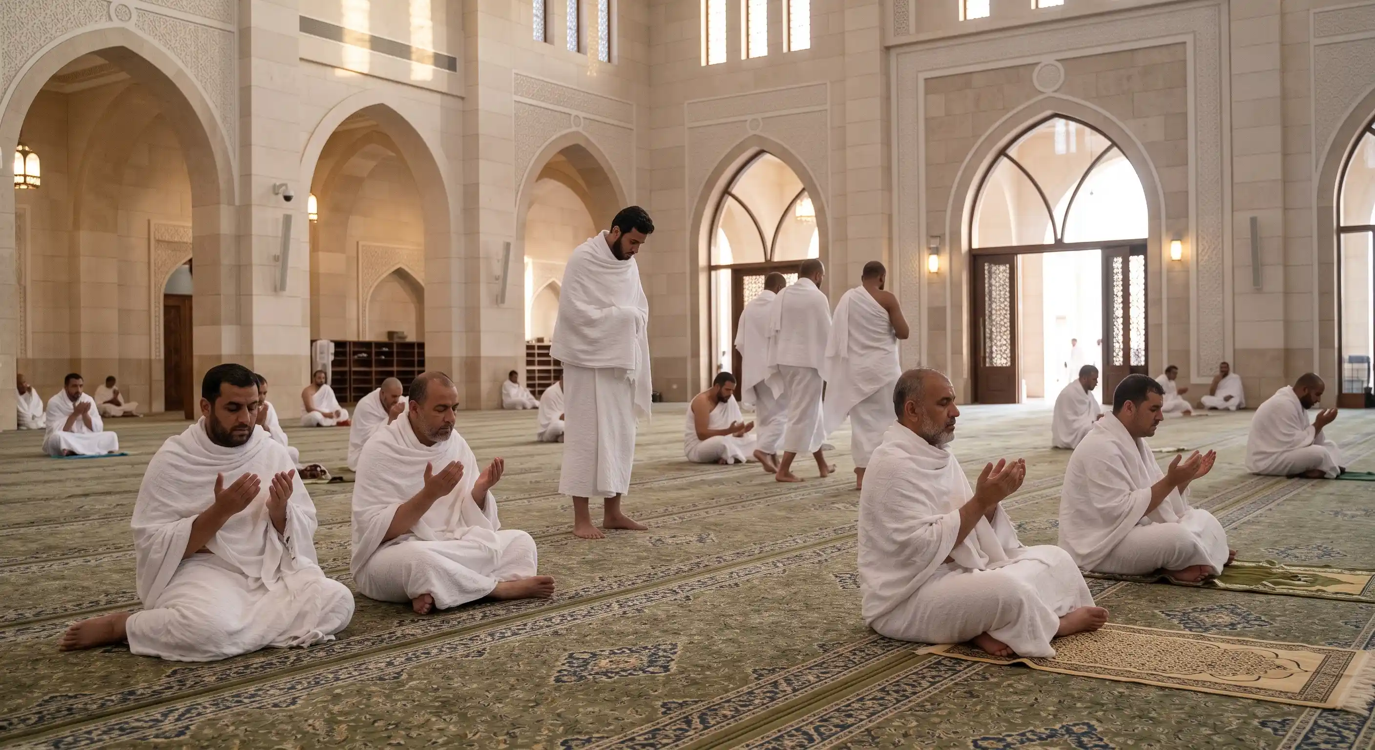 Pilgrims making the intention (niyyah) for Umrah at the miqat boundary
