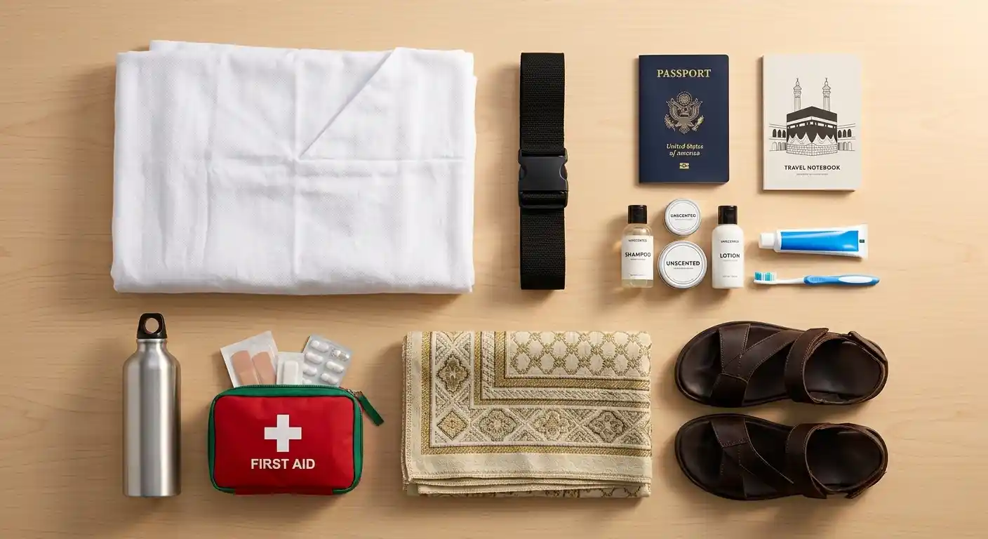 Flat-lay of Umrah packing essentials — ihram garments, unscented toiletries, and documents