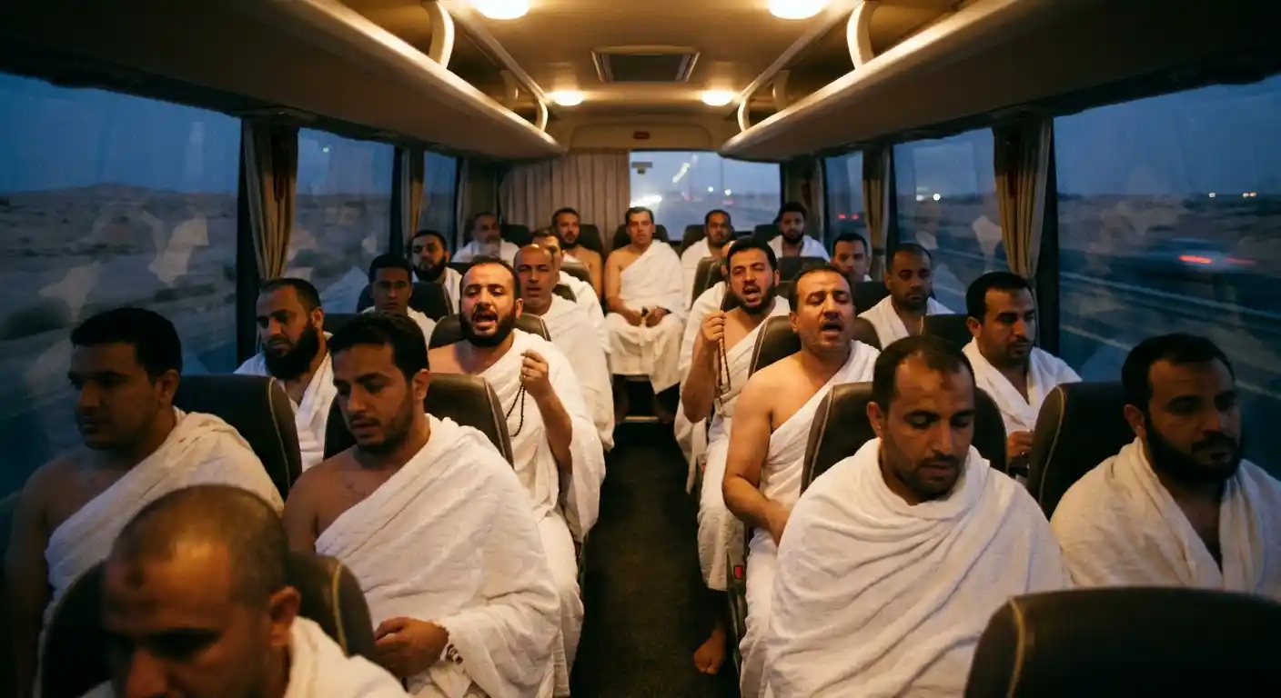 Pilgrims in ihram reciting the Talbiyah on the way to Makkah