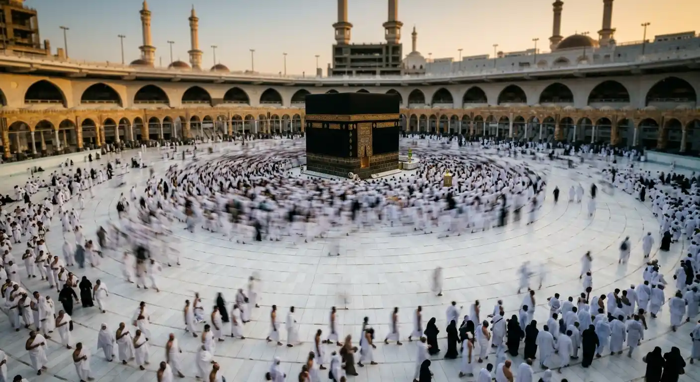Pilgrims performing tawaf, circling the Kaaba seven times in Masjid al-Haram