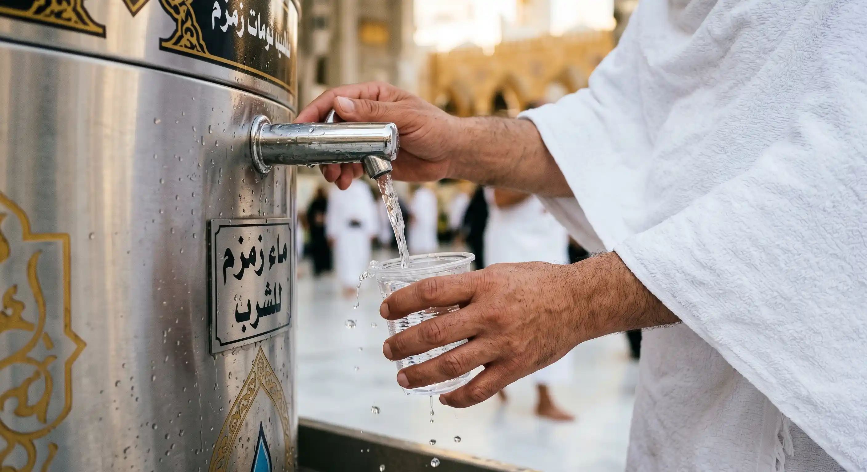 Pilgrim drinking blessed Zamzam water from a dispenser in Masjid al-Haram